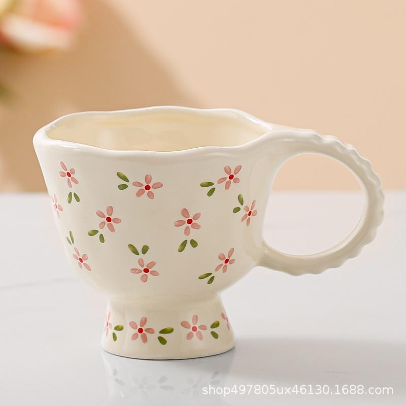 Ceramic Cup, Breakfast Goblet, Mug, Oat, High Value, Small Fresh and Small Floral Cream Wind, Advanced Sense 300ml