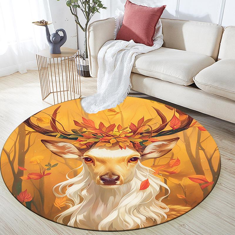 Autumnal Deer Round Area Rug,Carpet Rug for Living Room Bedroom Sofa Playroom Decor,Non-slip Floor Mat