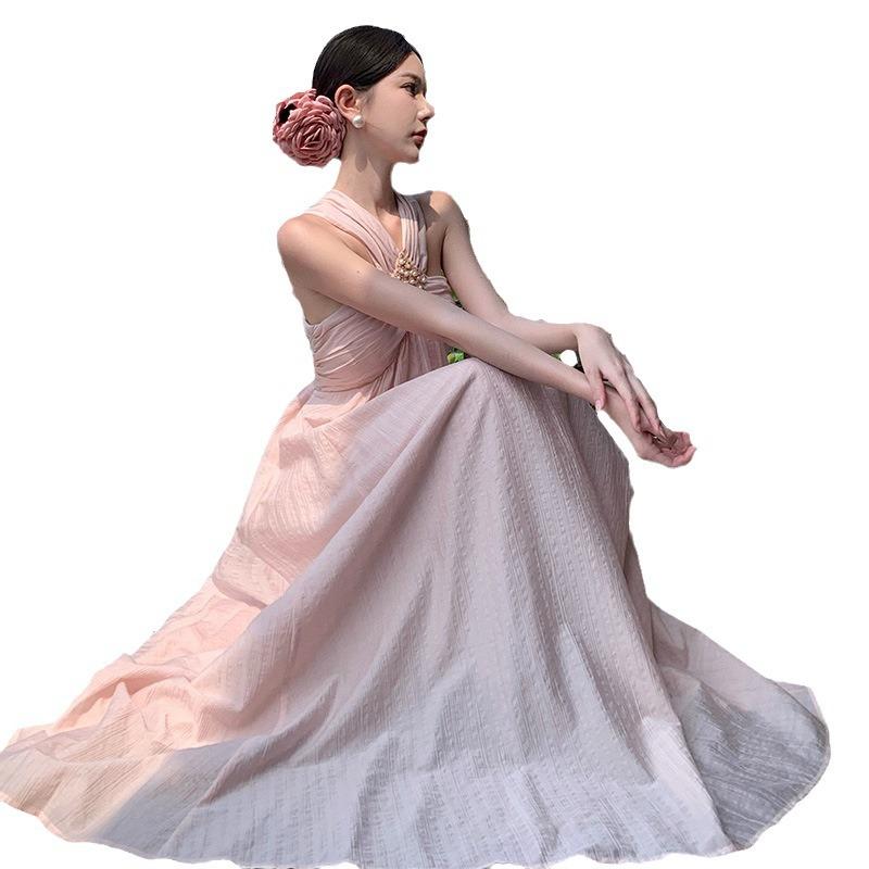 Pure Desire High Temperament Pink Dress Women's Summer Vacation Style Niche Design Sense Neck Holiday Suspender Dress