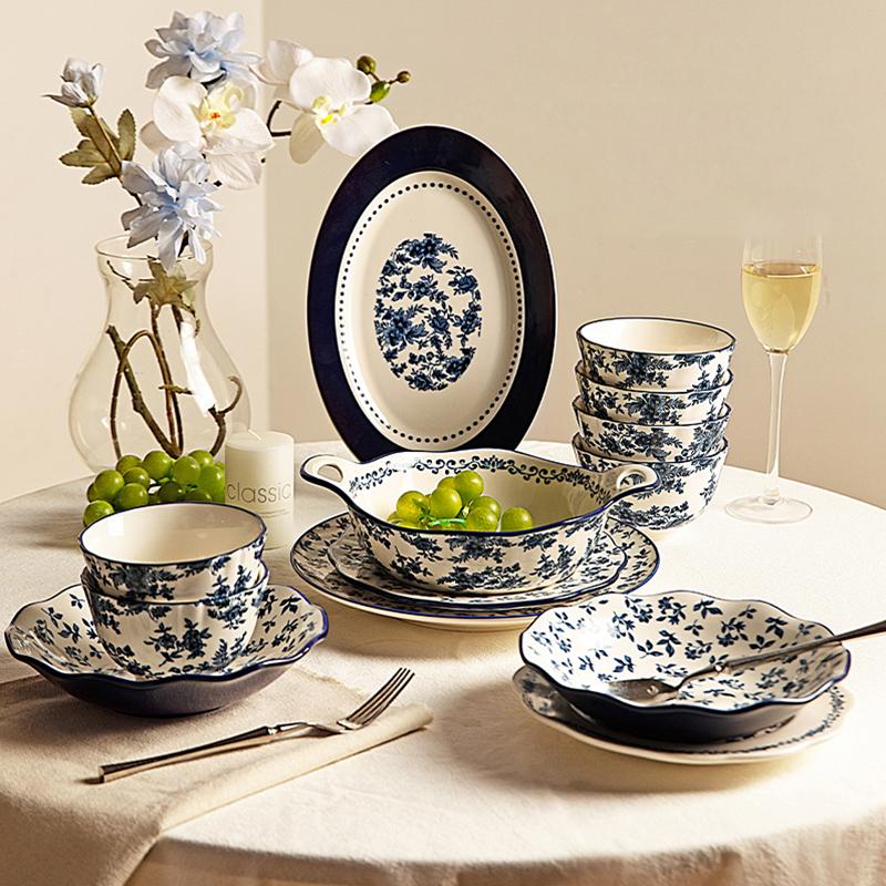 Retro Blaue Blumen Keramikteller Leichter Luxus Romantisches Restaurant Köstliche Pasta Steakteller Zuhause Frühstück Obst Salatteller