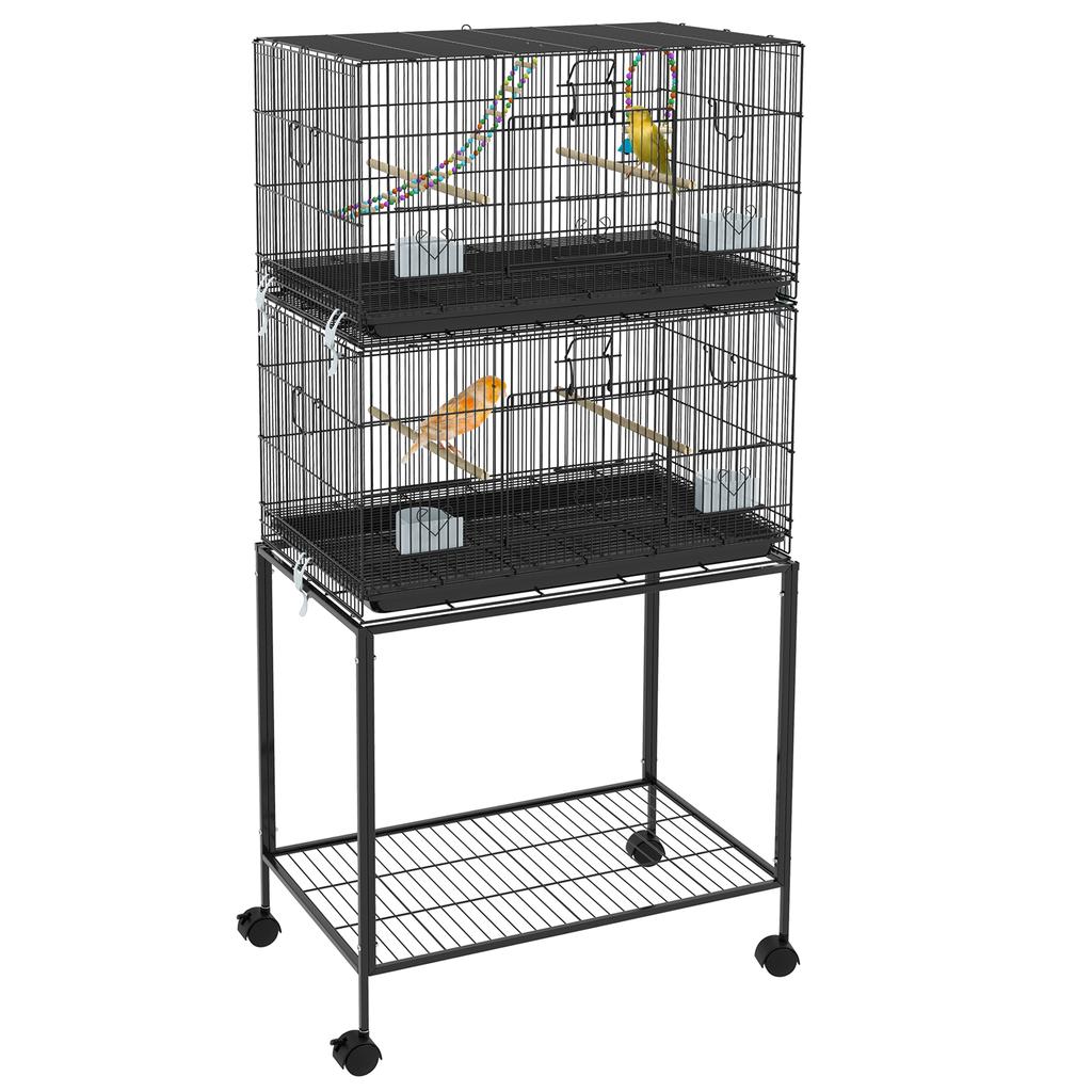 Steel and PP Bird Cage, Stacked Design with Perches, Swings and Ladders, 77x46x164 Cm, Black