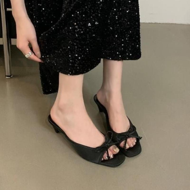 

2026 Gentle Single Bow Square Toe New French Style Fashion Versatile Elegant Sandals High Heels Slippers 40 чорний