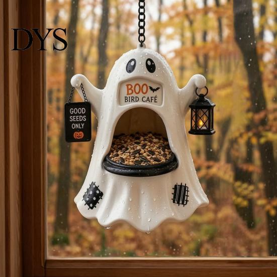 Unique Garden Ornament Halloween Ghost Bird Feeder, Outdoor Hanging Big Mouth Wild Feeding Resin Feeder for Yard Station, Spooky Statue Outside