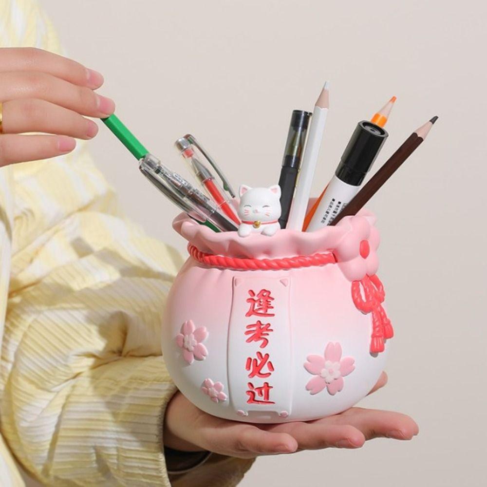 

Maneki Neko Lucky Bag Pen Holder Cat Desktop Storage Box Delicate Pencil Container Office Style B