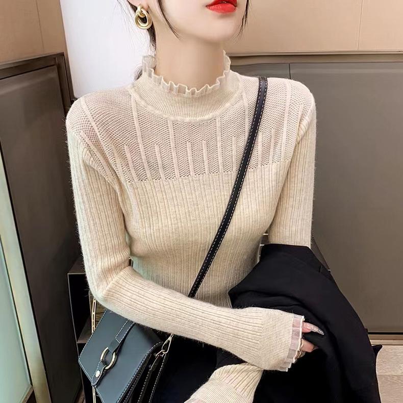 Sweter bazowy z półwysokim kołnierzem dla kobiet Jesień i Zima Sweter dziergany koronką Wąski sweter dla kobiet