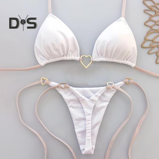 2Pcs/Set Women Bikini Set Heart Metal Buckle Halter Lace-up Swimsuit with Briefs Set Quick Drying Beachwear