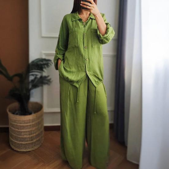 Dámský bavlněno-lněný dvoudílný outfit, ležérní, s dlouhým rukávem, na knoflíky, se stahovací šňůrkou