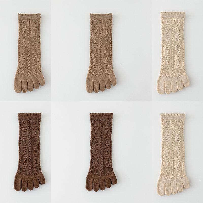 6 Pairs Women Spring and Autumn Pure Cotton Five Finger Socks Retro Solid Color Lace Striped Split Toe Socks Vintage Comfortable Socks
