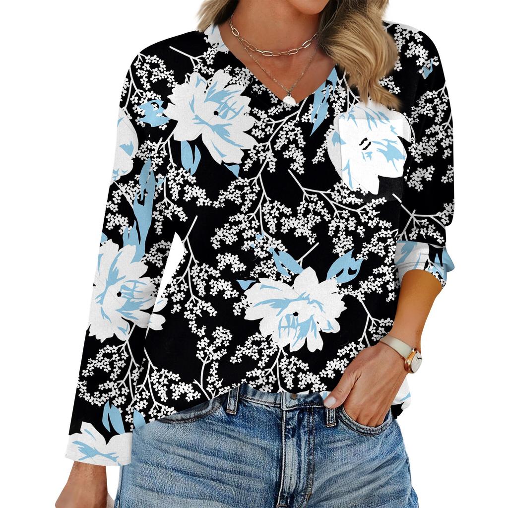 Dam Raglan Långärmad V-ringad T-shirt Sömnad Enfärgad Casual Topp Pullover V-ringad Ficka Underdel