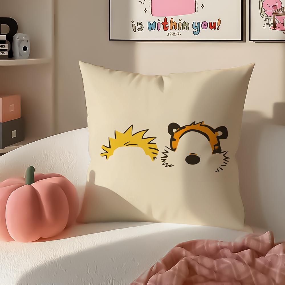 Cartoon CCalvin and HHobbesES Cushion Cover Pillowcase Short Plush Invisible Zipper Room Sofa Cushion Cover