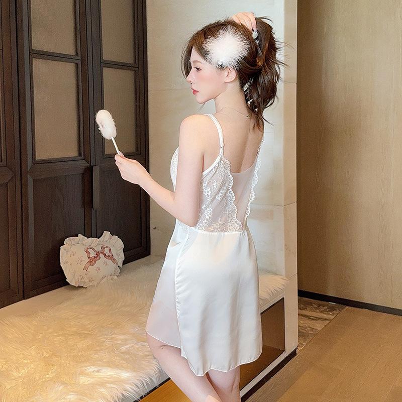 Mesh sexy nightgown spring and summer women's ice silk pajamas suspenders backless sex underwear seduction loungewear