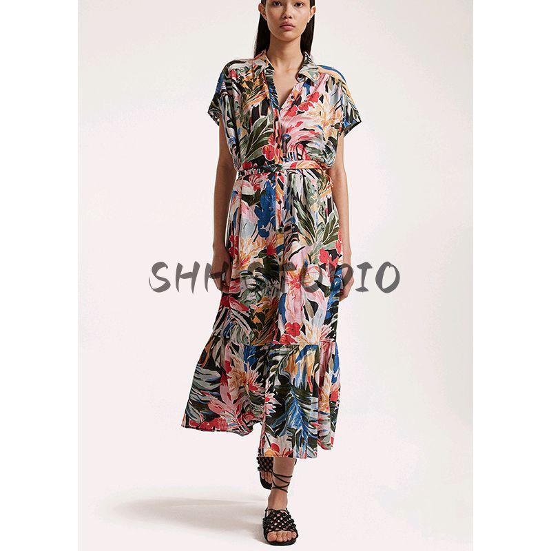 Spring and Summer Women's Clothing Cover Sleeve Design Cotton Blend Lapel Print Shoelace Shirt Style Dress 1241455