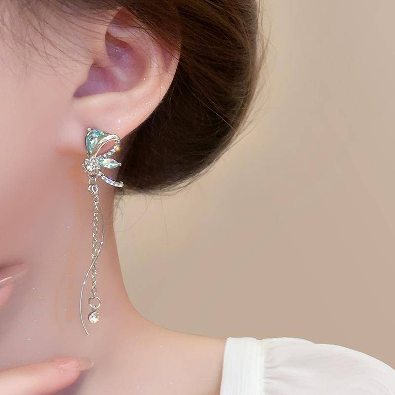Korean Dragonfly Tassel Earrings Sweet Shiny  Long Tassel Ear Clips Wedding Jewelry