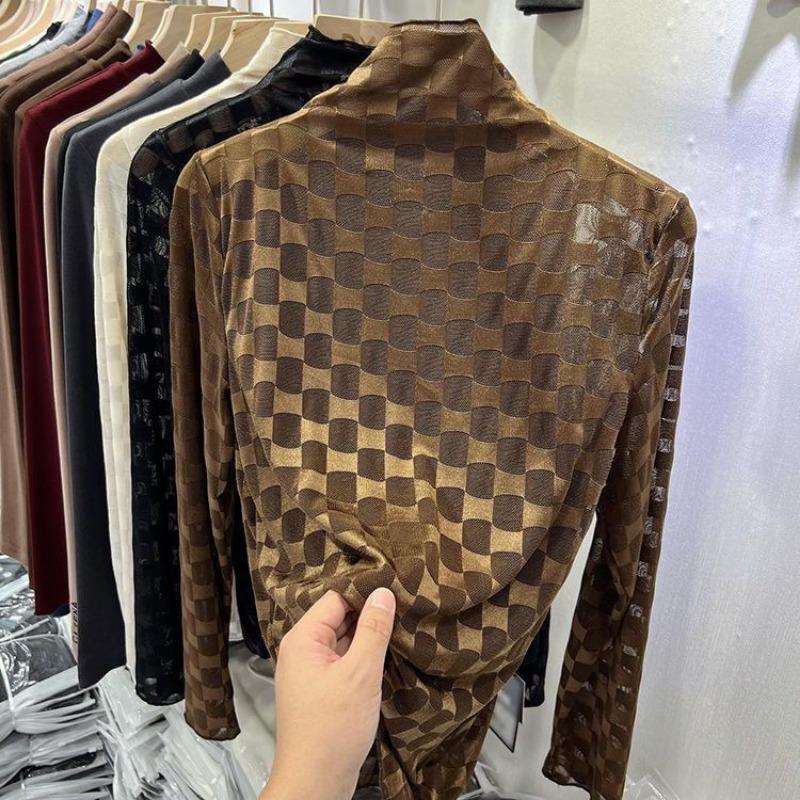 Europäisches Halbrollkragen Mesh Chiffon Shirt Frühlingsoberteile 2025 Neuer Modetrend Damen