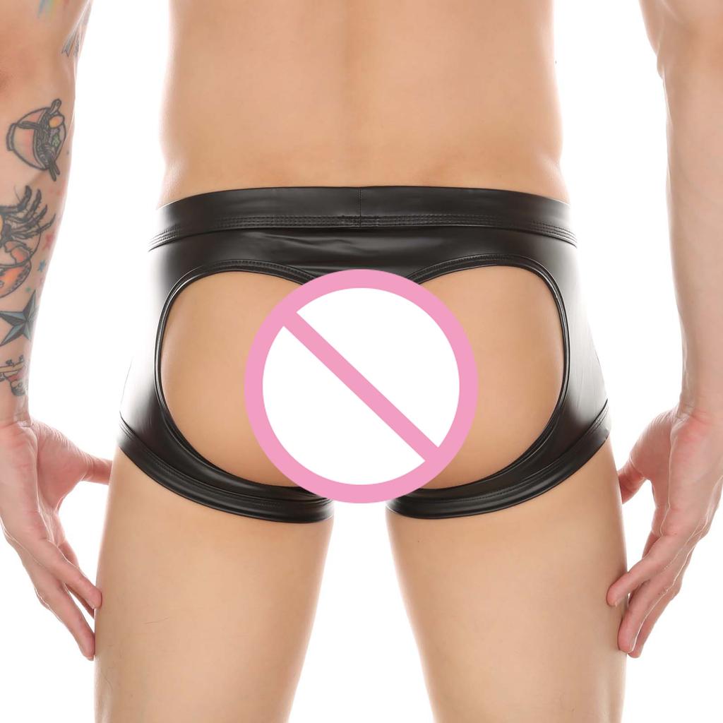 Men's Boxers Faux Leather Underwear Man Wet Look Sexy Panties Open Butt G String Underpants Buttocks Boxershorts Club
