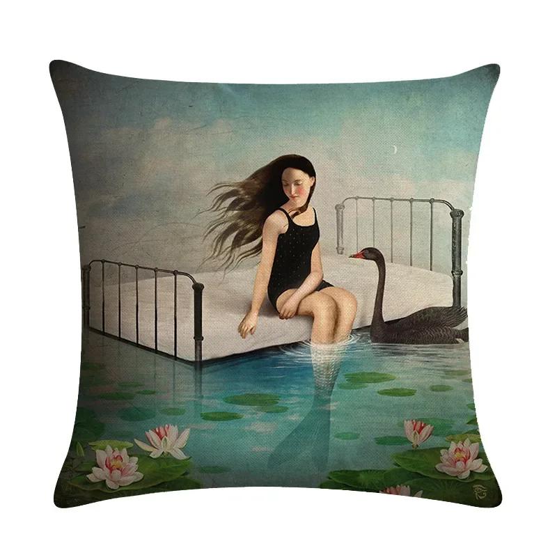Abstract Fairy Girl Decorative Cushion Cover Linen Pillowcase For Sofa Couch Bedroom Home Living Room Decor 45X45Cm