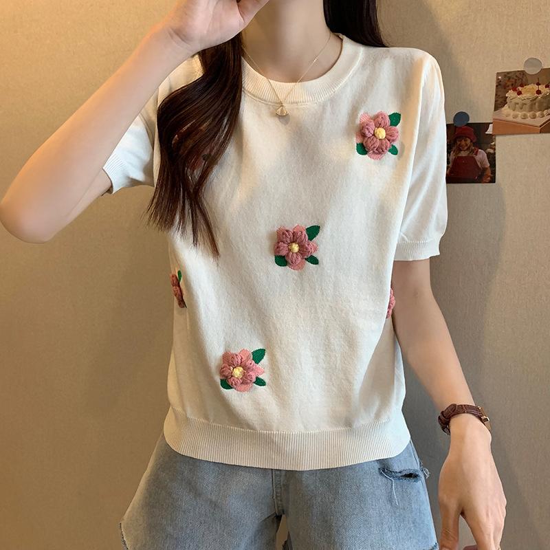 2024 Lato Nowy Styl Duży Rozmiar Styl Dzianinowy Krótki Rękaw T-shirt Gruby Mm Luźny Design Lodowy Jedwab Casual Top dla Kobiet