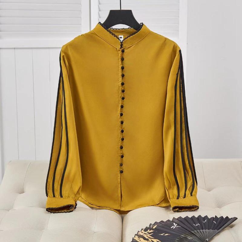 Elegant Fashion Casual Solid Satin Button Shirt Autumn  Stand Collar Long Shirt Sleeve Loose Pullovers Tops Women's Clothing