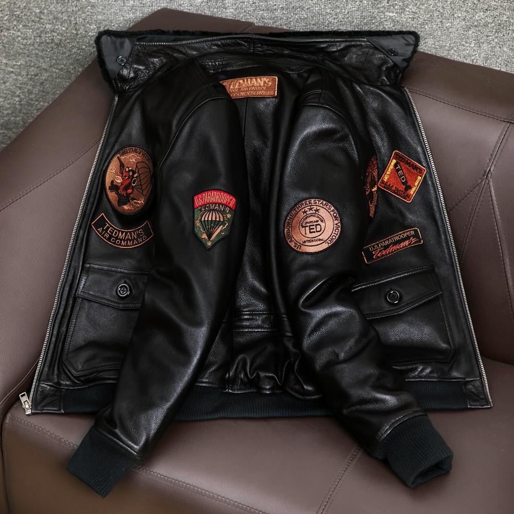 Mens Leather Bomber Jacket Genuine Cowhide Pilot Flight Jacket Cotton Lined Winter Coat