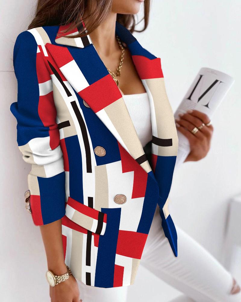 European & American Women's 2024 Autumn/Winter Slim Woolen Coat - Long Sleeve Double-Breasted Casual Printed Small Suit