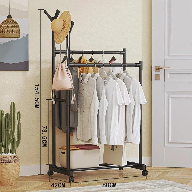 Double-pole Coat Rack Elevated Design Floor Standing Modern Minimalism Clothes Rack Sponge Holder Metal Dustproof Clothing Rack