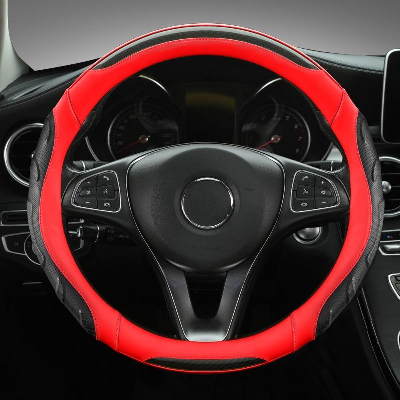 Premium Perforated PU Leather & Carbon Fiber Steering Wheel Cover, Non-Slip & Breathable, Universal Fit for 14.5-15 Inch Wheels