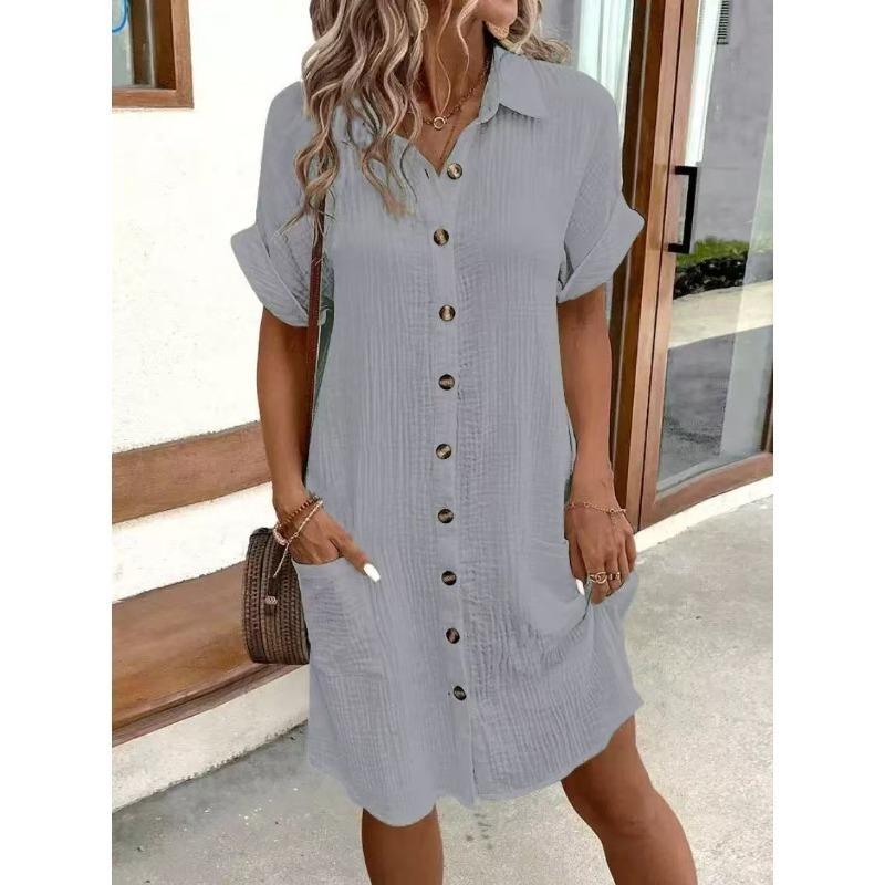 Women's Fashion Summer Spring Solid Color Print Short Sleeve POLO-Neck Casual Dresses