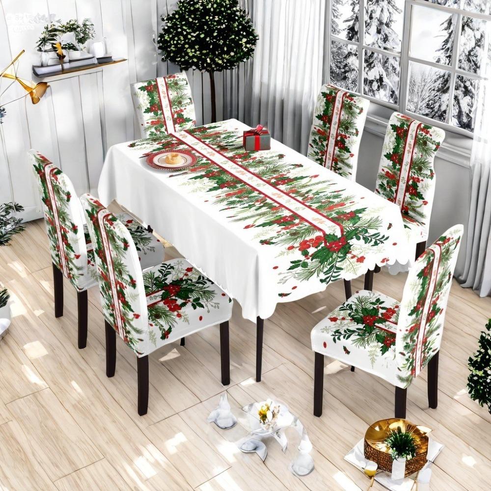 Christmas Waterproof Printed Tablecloth and Chair Covers Set Holiday Dining Decor