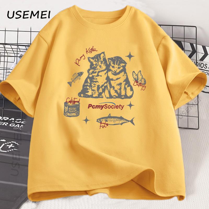 Funny Vintage Cat Fish Graphic T Shirt Harajuku Cotton Short Sleeve Loose Tshirt Summer Unisex Unisex High Quality O Neck Clothes