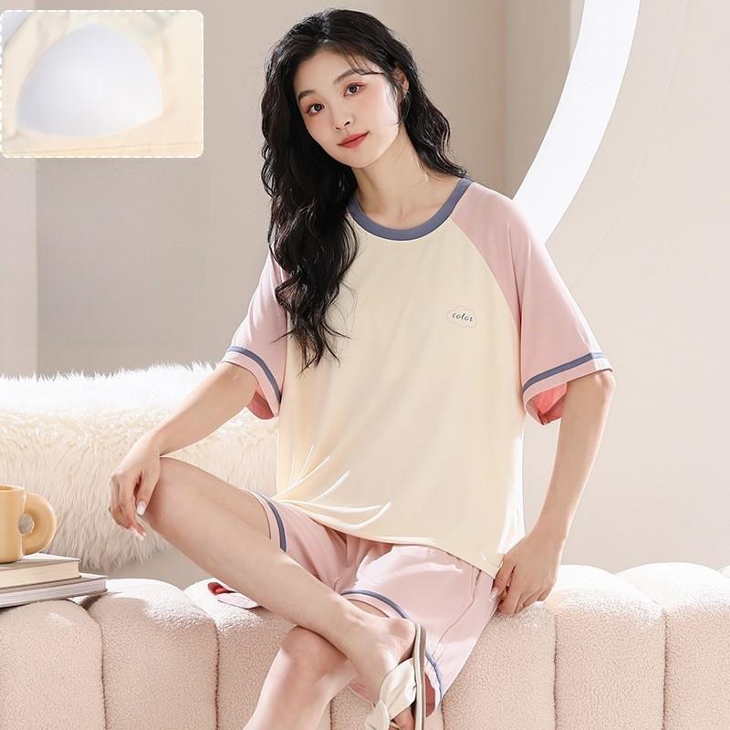 Womens Summer Sleep Suit With Round Neck Short Sleeve Top And Shorts For Relaxed Lounge Wear