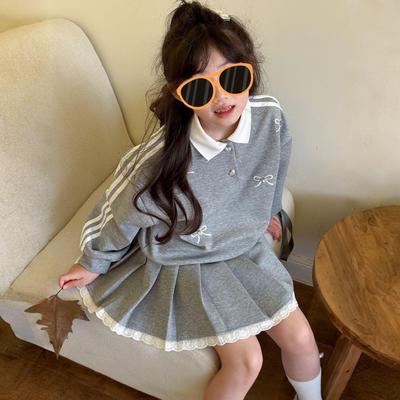 Felpa con Papillon Stile Accademia per Ragazze e Set Gonna Pieghettata – Trendy Due Pezzi Primavera/Autunno