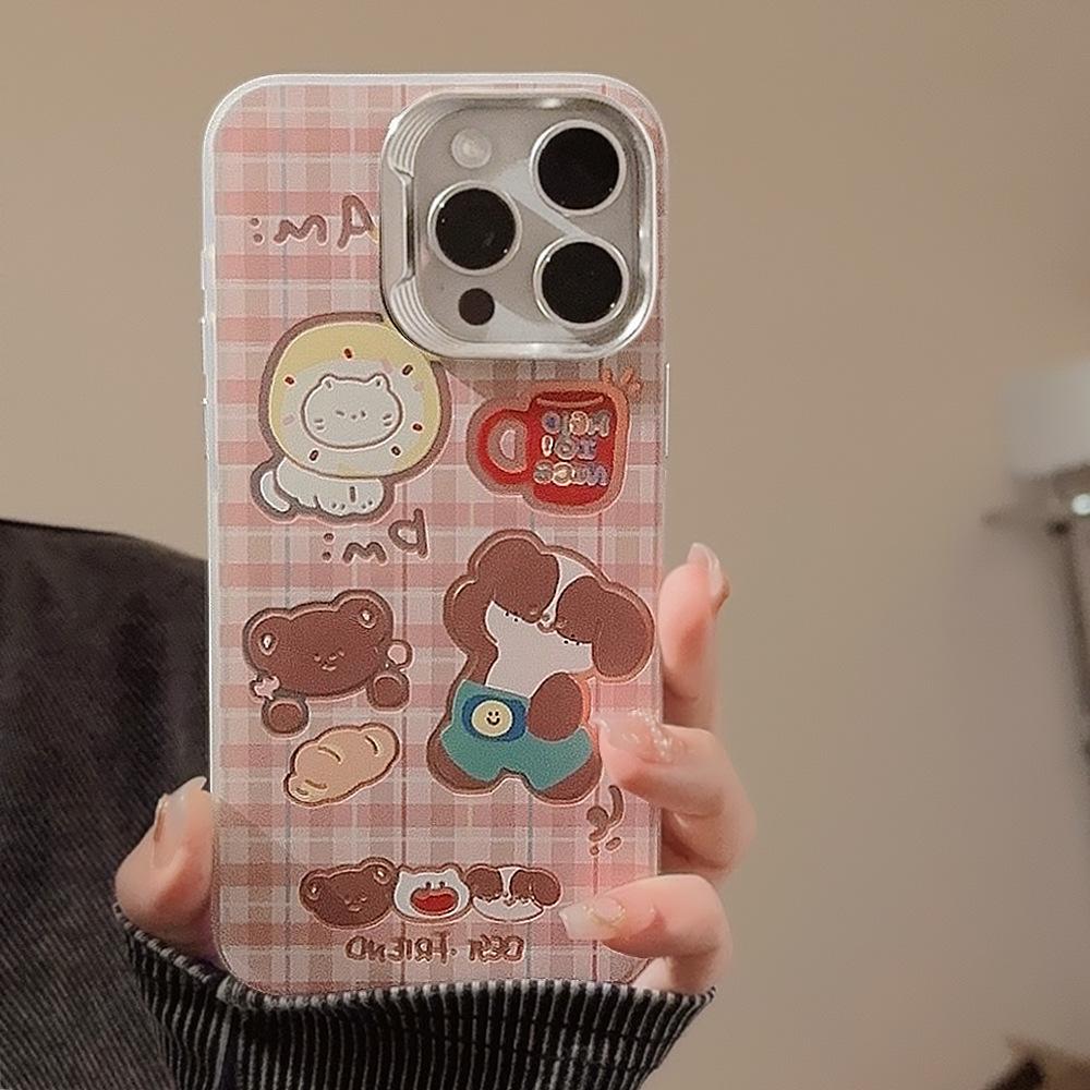 Cute Plaid Animal Suitable for Apple 14 Promax Mobile Phone Case Iphone15 Laser 16 Color Chain 13 Hard