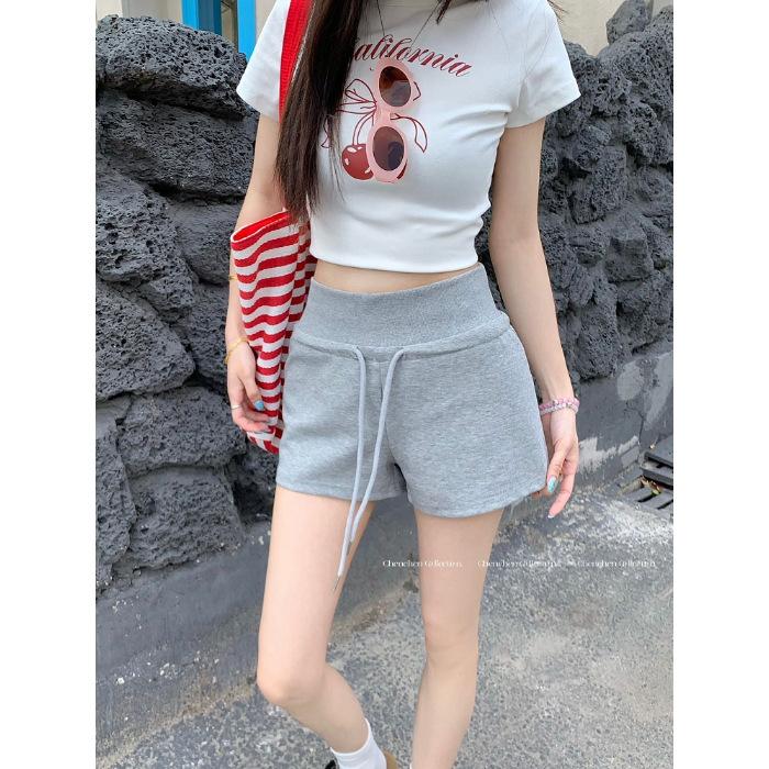 

Pure cotton Chinese cotton composite milk silk, sports shorts women s summer drawstring high waist American casual pants home hot pants XL сірий колір