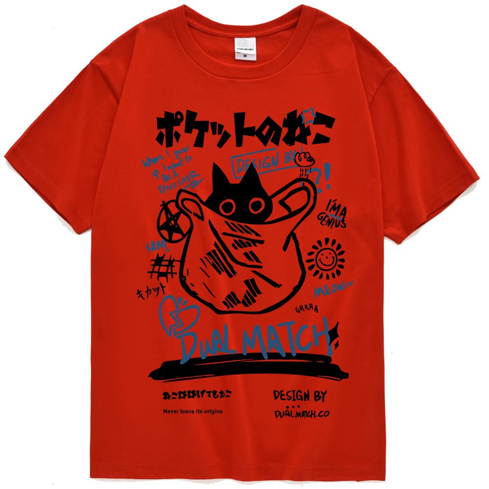 Men Women T Shirt Hip Hop Streetwear Japanese Kanji Harajuku Funny Cat T-Shirt Summer Short Sleeve Top Tees Cotton Couple Tshirt