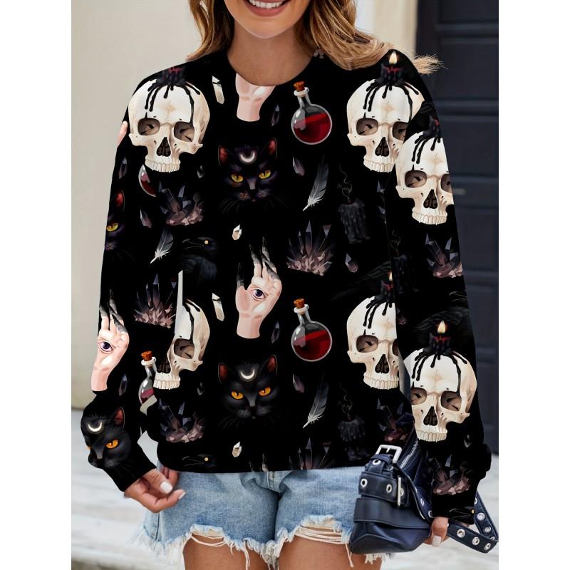 Womens Casual Hoodie With 3D Halloween Print Round Neck Lightweight Breathable Fabric