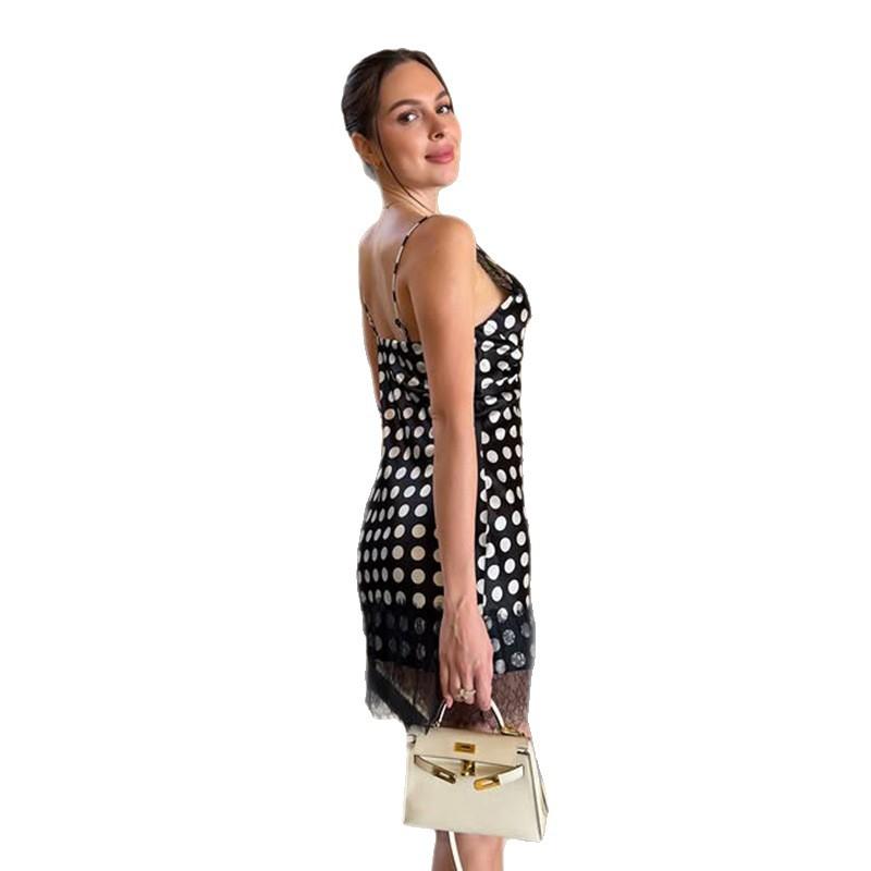 European and American Summer Polka Dot Printing Suspender Dress Sexy Lace Splicing Fashionable New Hot Sale