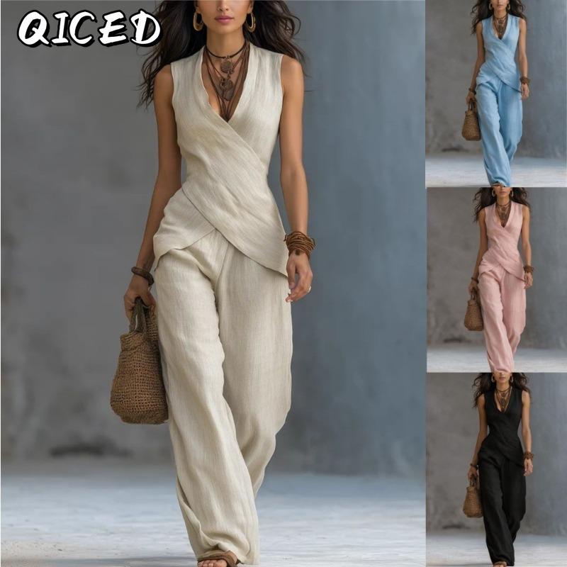QICED Combinaisons Pantalon Casual sans Manches à Col en V pour Femmes