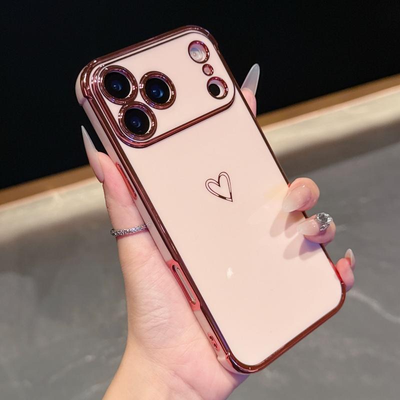 Luxury Plating Love Heart Phone Case For Apple iPhone 17 16 15 14 Plus 13 12 Mini Pro Max Air With Camera Lens Proteciton Cover