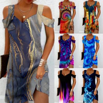 Moda feminina verão primavera estampa manga curta decote em v cintura alta vestidos casuais