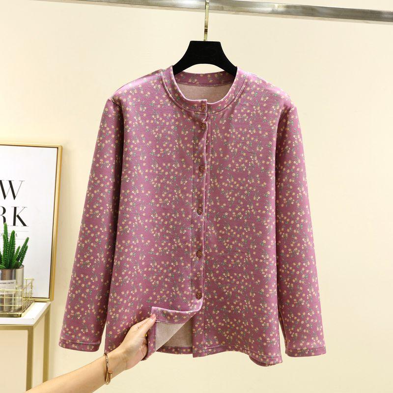 

Middle-Aged and Elderly Floral Short Coat Winter Double-Sided Dralon Buckle Thick Tops Loose round Neck Cashmere Cold-Proof Mom Wear Light purple 2XL (70.00 kg-85.00 kg recommended