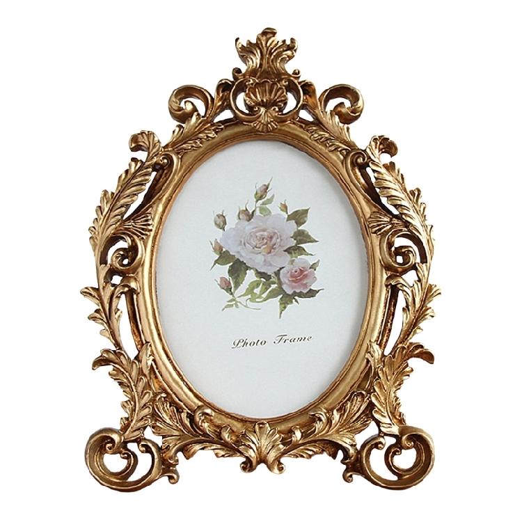 Golden Flowers Photo Frame With Antique Design Resin Oval Shape Picture Frame For Anniversary Wedding Or Housewarmings