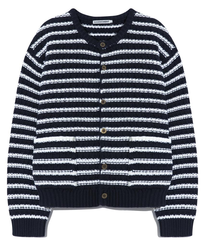 Basemoment Striped Round Neck Cardigan Dark Navy