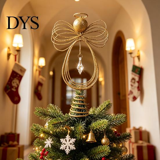 Holiday Seasonal Home Decor Angel Christmas Tree Topper, Gold Glitter Metal Wire Crown Decorative Accents Ornament for And Indoor Decorations