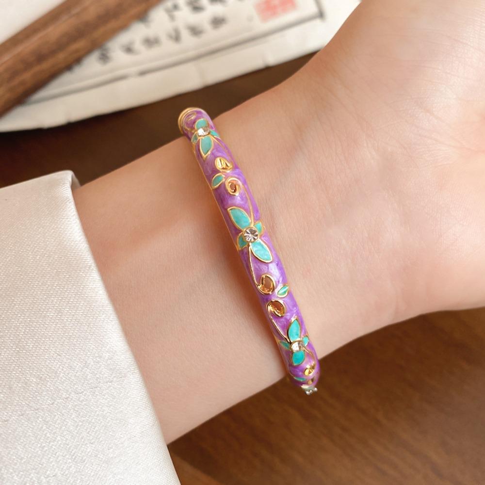 Traditional Chinese Flower Bangle Enamel Women's Hand Bracelet Vintage Cloisonne Bangle Ladies