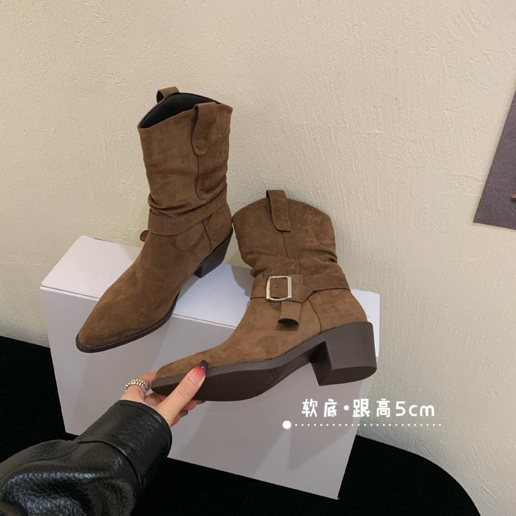 Mid-heeled Boots Retro Stacking Boots V-mouth Martin Boots Women's Shoes 2025 Autumn and Winter New Small Square Head Western Boots Short Boots