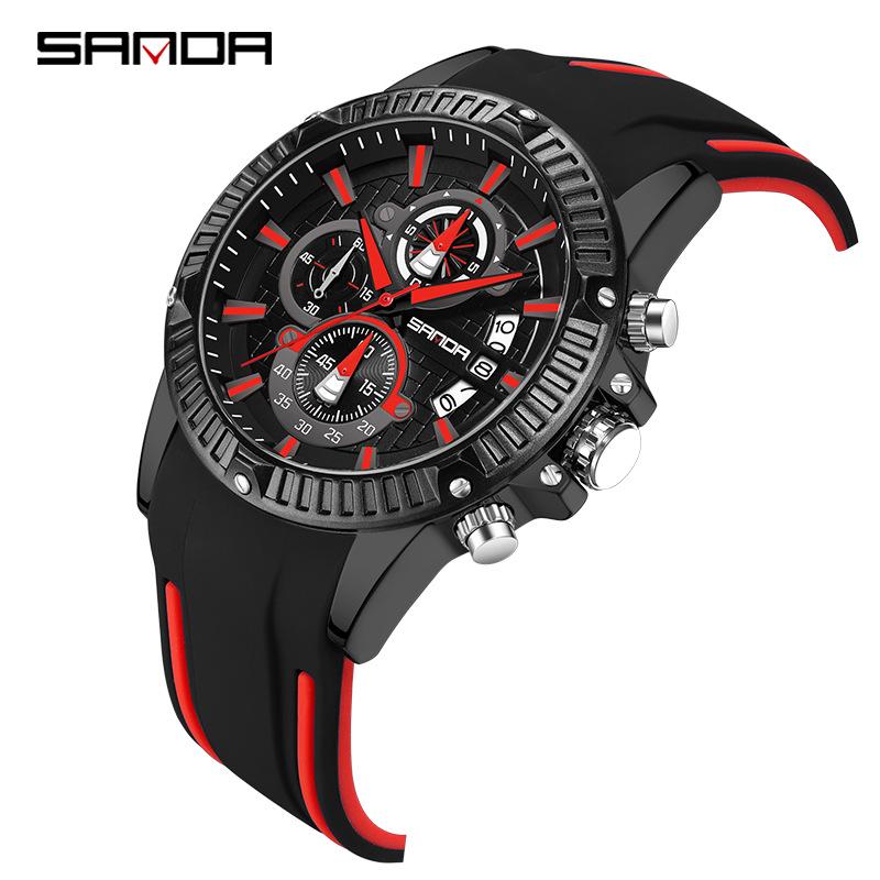 Sanda Men's Classic Quartz Wristwatch with Silicone Band, Three Sub-dials, Calendar & Luminous Markers.
