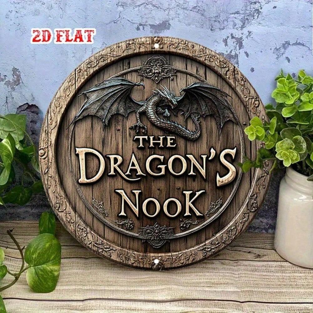 Round Fantasy Dragon Floral 2D Metal Tin Wall Sign for Home Decor