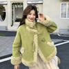 New Short Green Fur-on-Leather Coat Thick Warm Lamb Wool Outerwear Petite Women Winter Fashion Jacket