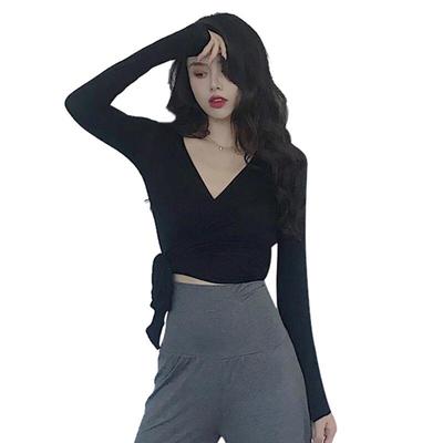Sexy Slim Cuello en V Envolventes Tops Cortos de Mujer Novedosas Camisetas de Manga Larga de Color Sólido
