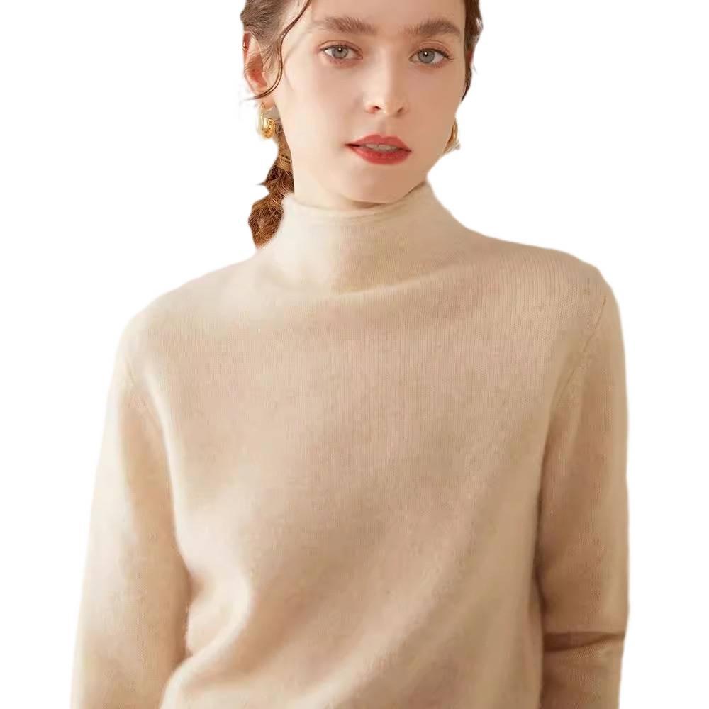 White Cashmere Rolled Collar Sweater - Women's Loose Fit Pullover for Autumn/Winter 2025